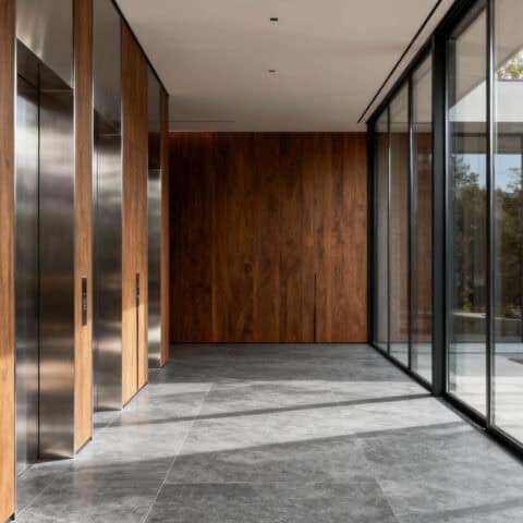 Pietra serena e legno, metallo, vetro